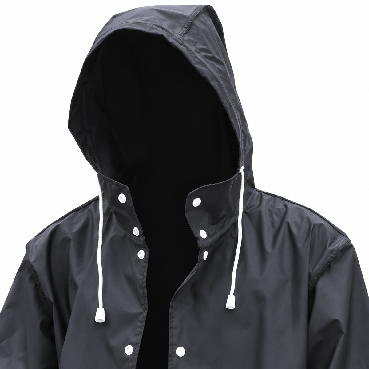 Manteau de pluie noir : détail de la capuche et des boutons-pression