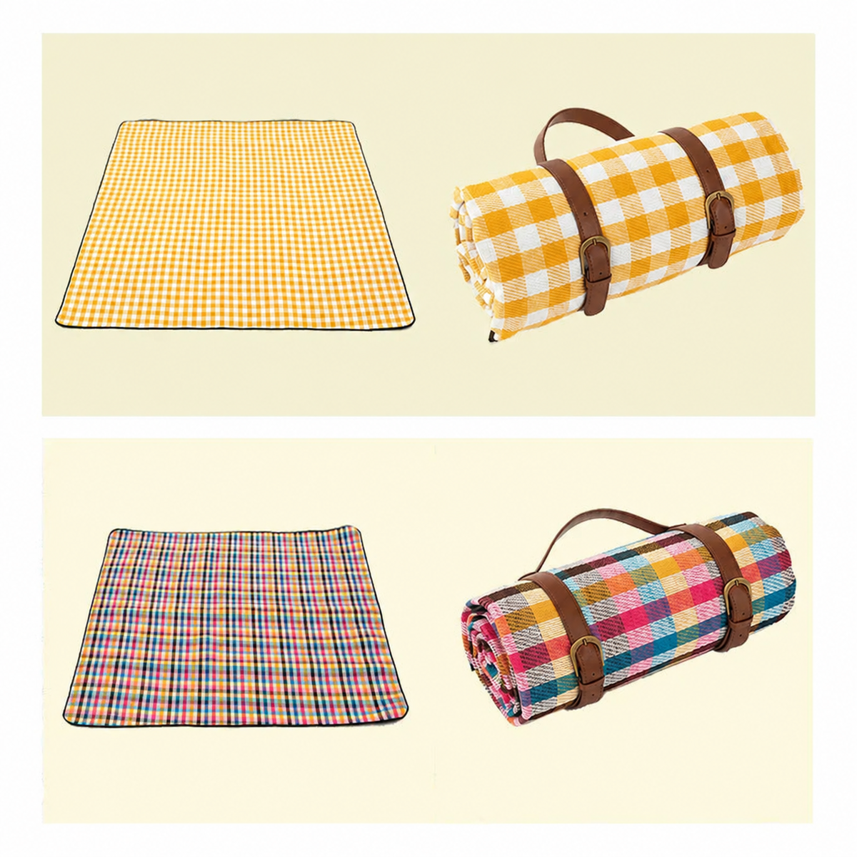 Tapis de pique-nique dépliés et repliés avec leur sangle, motifs jaune et multicolore.