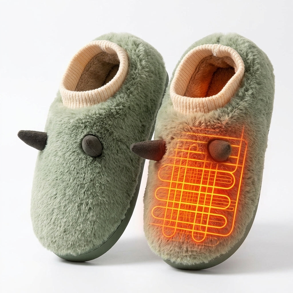 Chaussons Peluche Chauffants USB avec Inserts Amovibles – Vert ; illustration orange des zones chauffantes