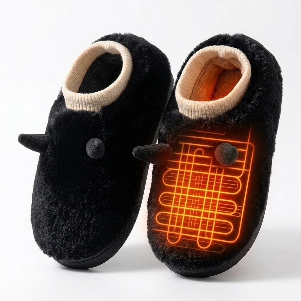 Chaussons Peluche Chauffants USB avec Inserts Amovibles – Noir ; illustration orange des zones chauffantes
