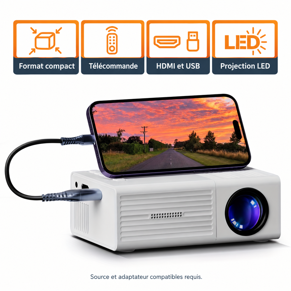 Mini vidéoprojecteur blanc : connectique annoncée et télécommande