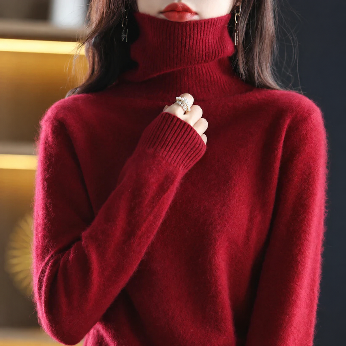 Pull femme à col roulé – Rouge foncé