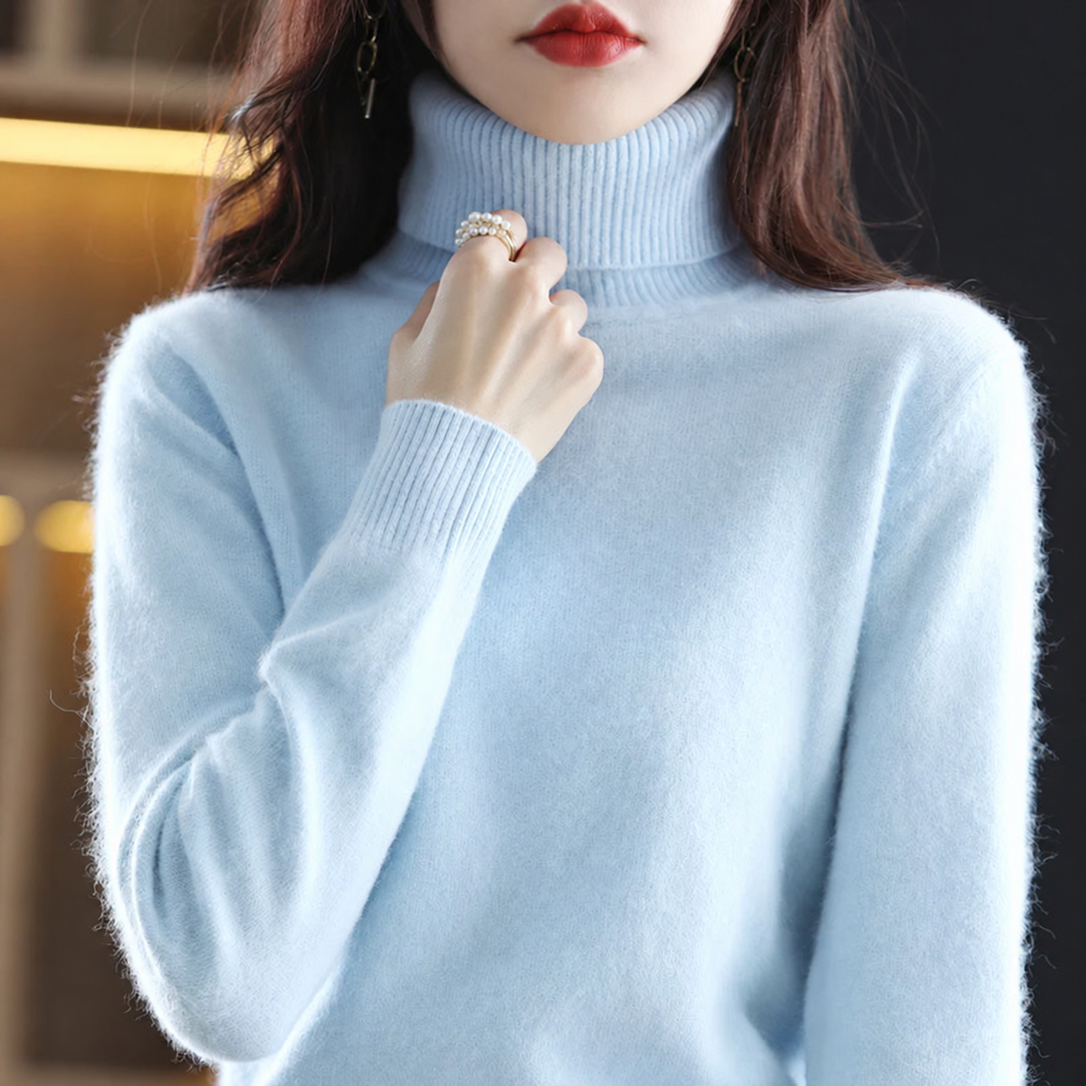 Pull femme à col roulé – Bleu ciel