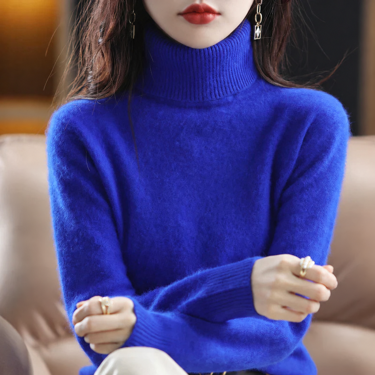 Pull femme à col roulé – Bleu roi