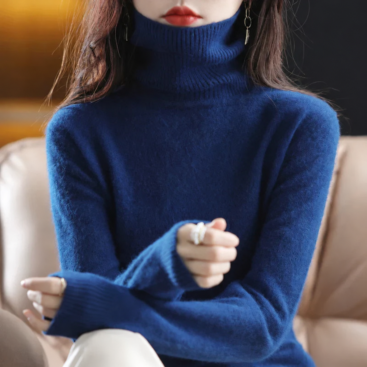 Pull femme à col roulé – Bleu foncé