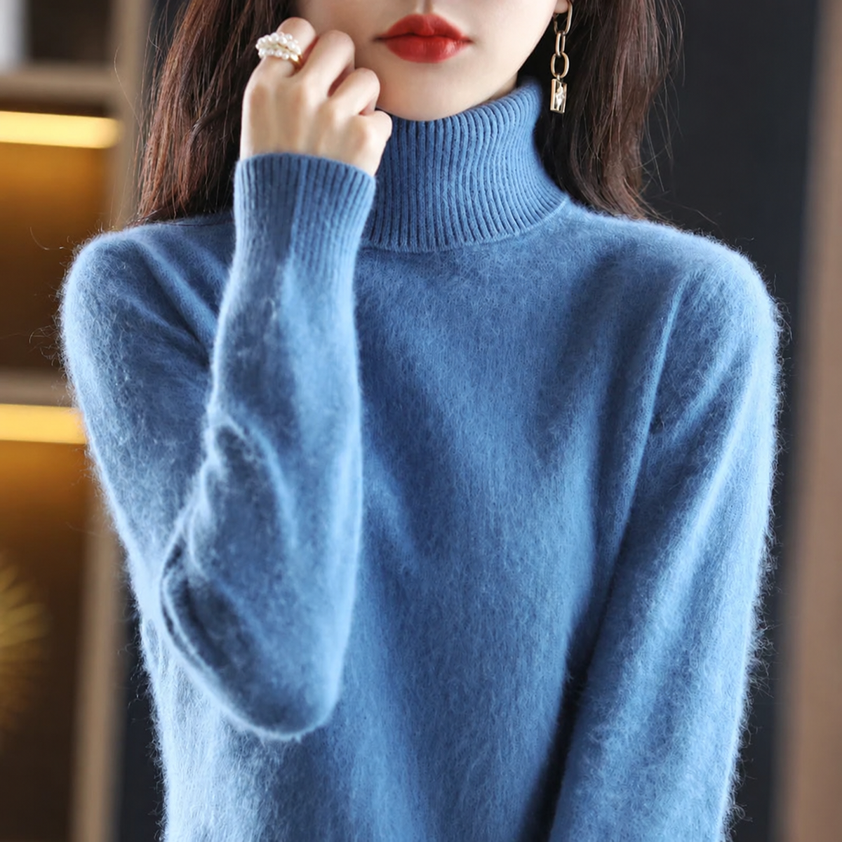 Pull femme à col roulé – Bleu