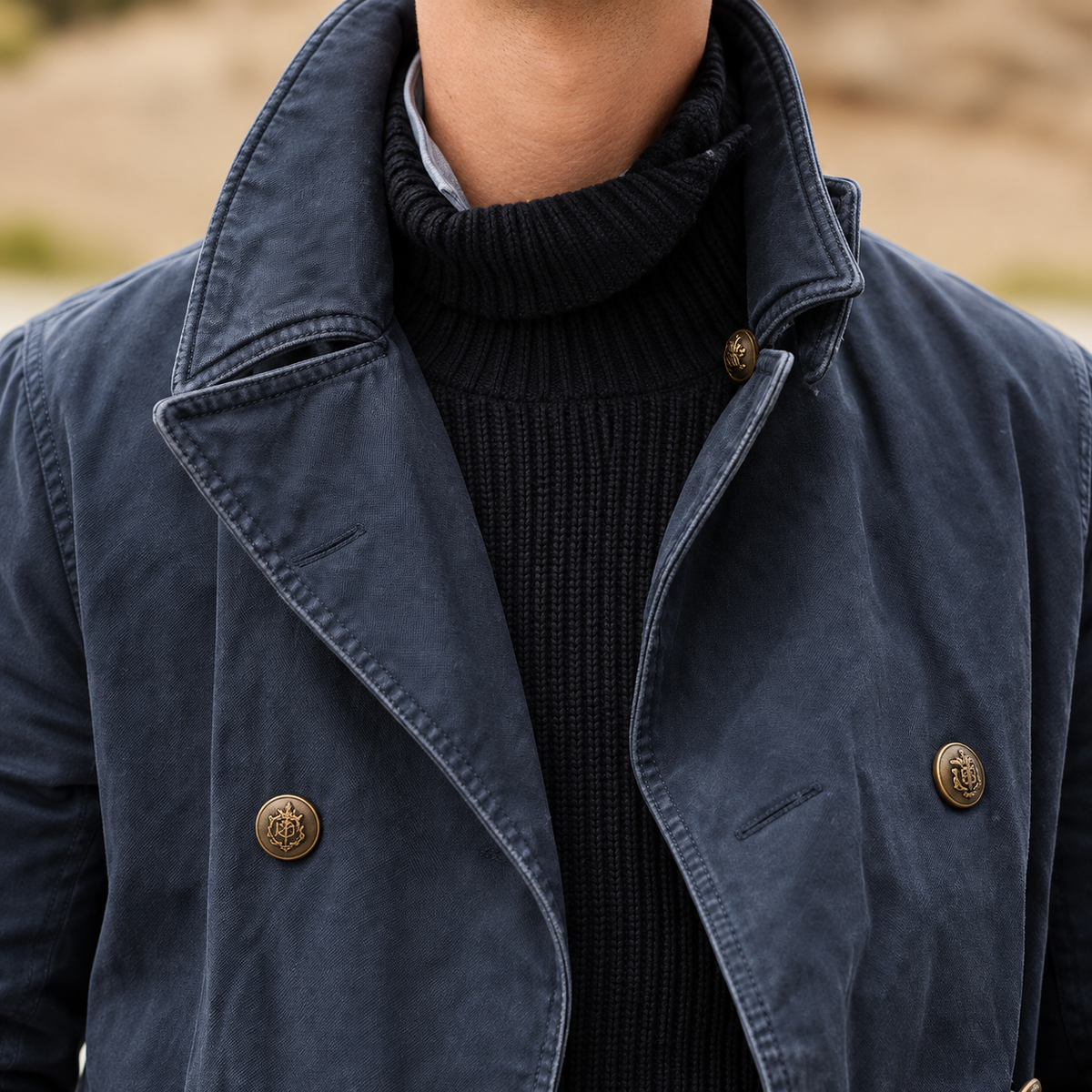 Veste de mi-saison bleue : détail du col et des revers