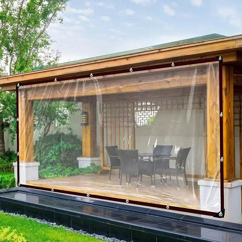 Exemple de bâche transparente installée sur une structure de terrasse ; structure non incluse.
